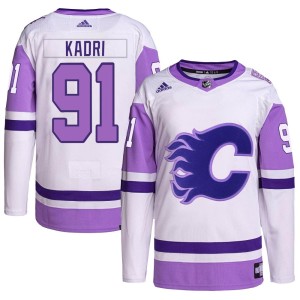 Nazem Kadri Youth Adidas Calgary Flames Authentic White/Purple Hockey Fights Cancer Primegreen Jersey