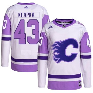 Adam Klapka Youth Adidas Calgary Flames Authentic White/Purple Hockey Fights Cancer Primegreen Jersey