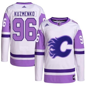 Andrei Kuzmenko Youth Adidas Calgary Flames Authentic White/Purple Hockey Fights Cancer Primegreen Jersey