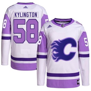 Oliver Kylington Youth Adidas Calgary Flames Authentic White/Purple Hockey Fights Cancer Primegreen Jersey