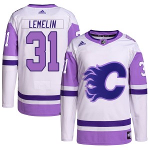 Rejean Lemelin Youth Adidas Calgary Flames Authentic White/Purple Hockey Fights Cancer Primegreen Jersey