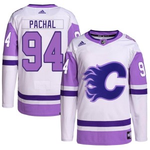 Brayden Pachal Youth Adidas Calgary Flames Authentic White/Purple Hockey Fights Cancer Primegreen Jersey
