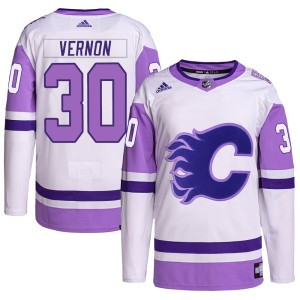 Mike Vernon Youth Adidas Calgary Flames Authentic White/Purple Hockey Fights Cancer Primegreen Jersey