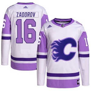 Nikita Zadorov Youth Adidas Calgary Flames Authentic White/Purple Hockey Fights Cancer Primegreen Jersey