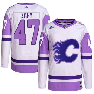Connor Zary Youth Adidas Calgary Flames Authentic White/Purple Hockey Fights Cancer Primegreen Jersey