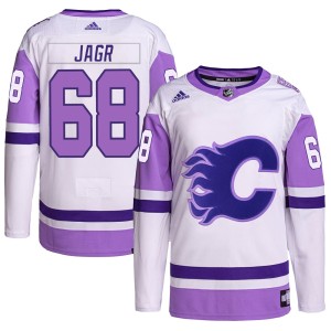 Jaromir Jagr Men's Adidas Calgary Flames Authentic White/Purple Hockey Fights Cancer Primegreen Jersey