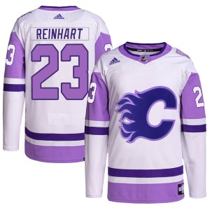Paul Reinhart Men's Adidas Calgary Flames Authentic White/Purple Hockey Fights Cancer Primegreen Jersey