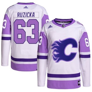 Adam Ruzicka Men's Adidas Calgary Flames Authentic White/Purple Hockey Fights Cancer Primegreen Jersey