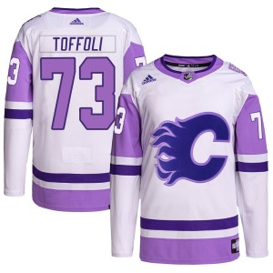 Tyler Toffoli Men's Adidas Calgary Flames Authentic White/Purple Hockey Fights Cancer Primegreen Jersey
