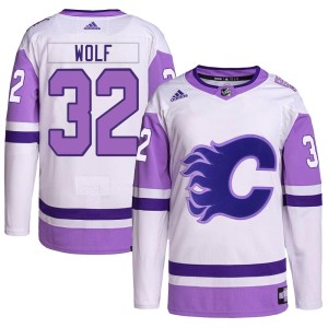 Dustin Wolf Men's Adidas Calgary Flames Authentic White/Purple Hockey Fights Cancer Primegreen Jersey