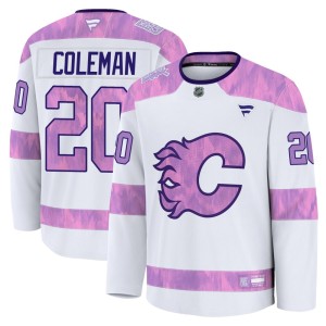 Blake Coleman Youth Fanatics Calgary Flames Premium White 2024 Hockey Fights Cancer Practice Jersey
