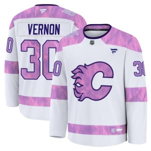 Mike Vernon Youth Fanatics Calgary Flames Premium White 2024 Hockey Fights Cancer Practice Jersey