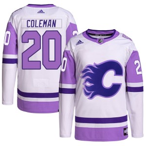 Blake Coleman Youth Adidas Calgary Flames Authentic White/Purple Hockey Fights Cancer Primegreen Jersey
