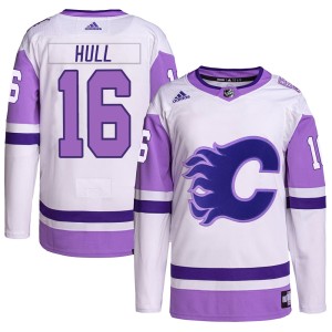 Brett Hull Youth Adidas Calgary Flames Authentic White/Purple Hockey Fights Cancer Primegreen Jersey