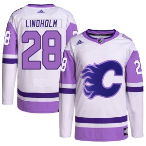 Elias Lindholm Youth Adidas Calgary Flames Authentic White/Purple Hockey Fights Cancer Primegreen Jersey
