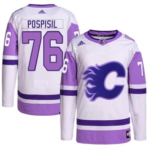 Martin Pospisil Youth Adidas Calgary Flames Authentic White/Purple Hockey Fights Cancer Primegreen Jersey