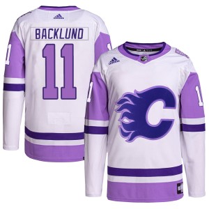 Mikael Backlund Men's Adidas Calgary Flames Authentic White/Purple Hockey Fights Cancer Primegreen Jersey