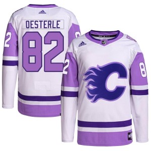 Jordan Oesterle Men's Adidas Calgary Flames Authentic White/Purple Hockey Fights Cancer Primegreen Jersey