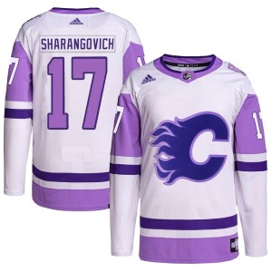 Yegor Sharangovich Men's Adidas Calgary Flames Authentic White/Purple Hockey Fights Cancer Primegreen Jersey